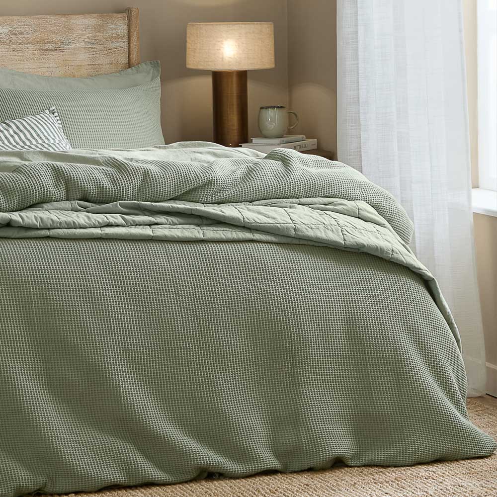 Hebden Relaxed Waffle Duvet Cover Set - Bay Green