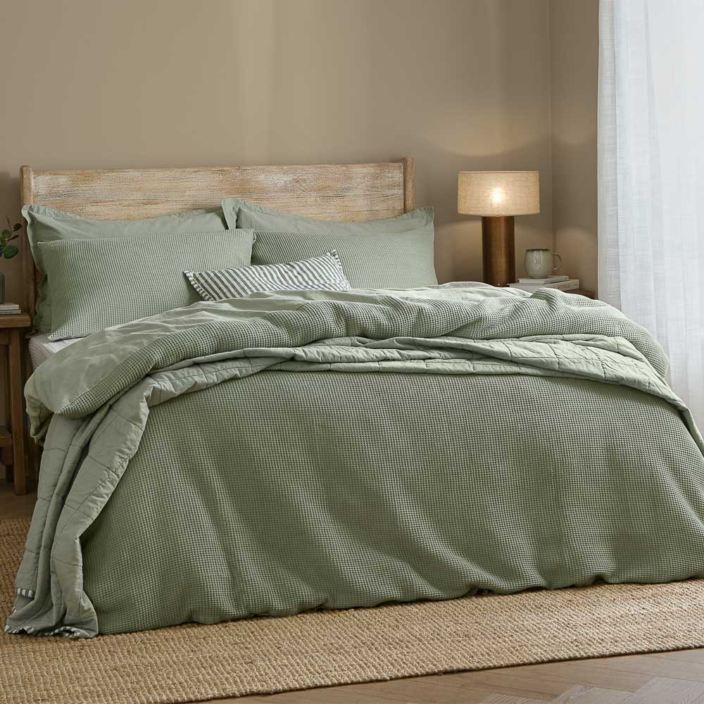 Hebden Relaxed Waffle Duvet Cover Set - Bay Green
