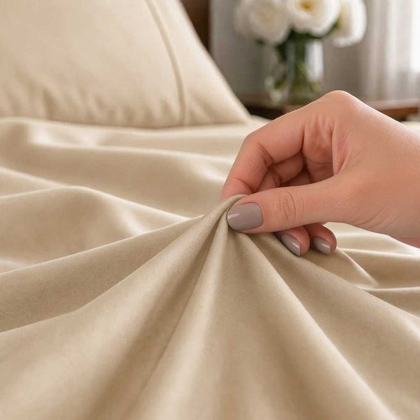 Close-up of a hand gathering smooth Champagne organic bamboo silk fabric