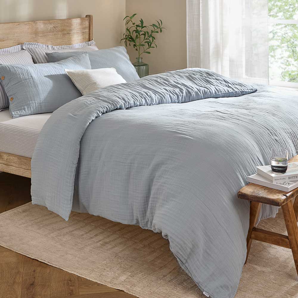 Lark Mineral Blue Cotton Muslin Duvet Cover Set