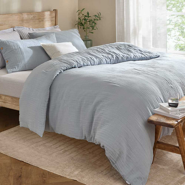 Lark Mineral Blue Cotton Muslin Duvet Cover Set