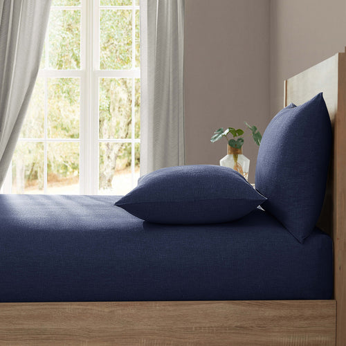 Navy blue washed linen fitted sheet by Lazy Linen